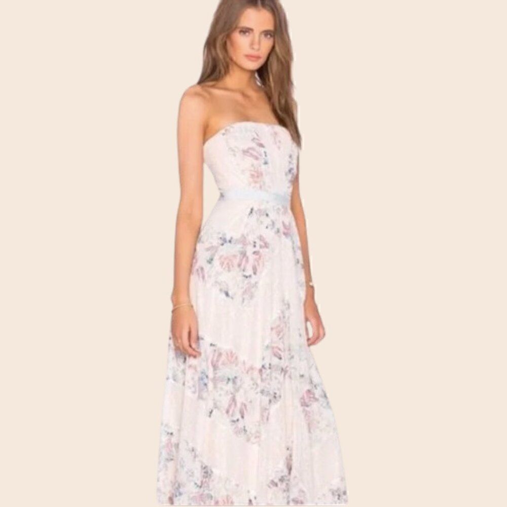 BCBGMAXAZRIA Elle Strapless Floral Print and Lace Gown Size 4
